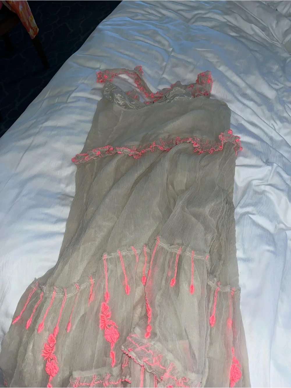 free people Sheer Beige Dress with Neon Pink Embroidery